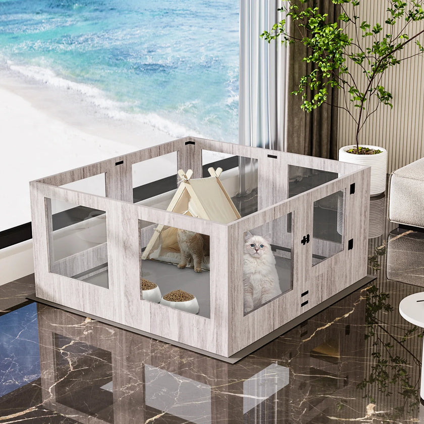 Tempered Glass Dog Puppies Playpen, Indoor Pet Whelping Pen Box Cage, Exercise Fence, with Waterproof Fertility Pad, 8 Panels