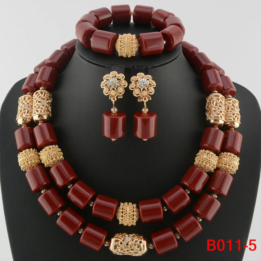 Nigerian Bridal Coral Jewellery Set | Crystal Pillar Beads | Necklace, Earrings & Bracelet
