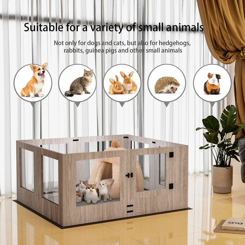 Tempered Glass Dog Puppies Playpen, Indoor Pet Whelping Pen Box Cage, Exercise Fence, with Waterproof Fertility Pad, 8 Panels