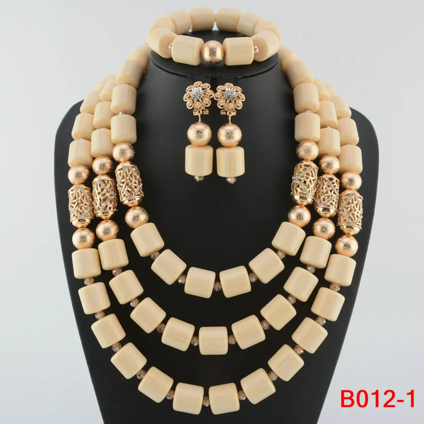 Nigerian Bridal Coral Jewellery Set | Crystal Pillar Beads | Necklace, Earrings & Bracelet