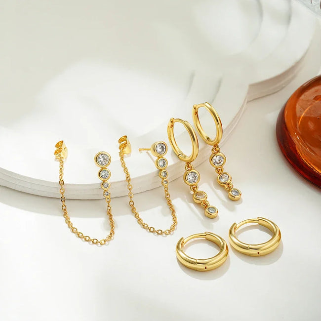 18K Gold Plated 3-Piece Earring Set with Zircon Crystals