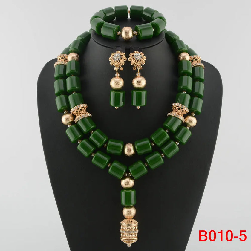 Nigerian Bridal Coral Jewellery Set | Crystal Pillar Beads | Necklace, Earrings & Bracelet