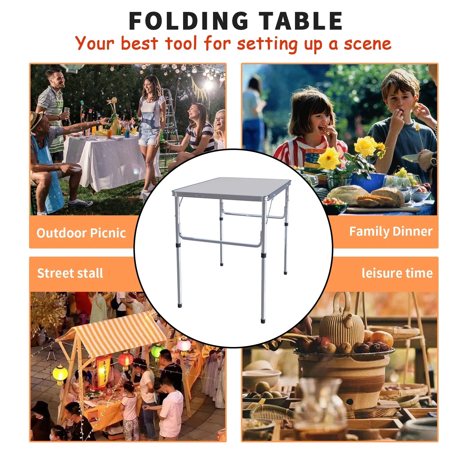Mesa Plegable de Alta Resistencia, Mesa de Camping, Fiesta, Picnic, Comedor, Jardín, Mesa Plegable Portátil para Camping, Mesa de Altura Ajustable de 2.5 pies
