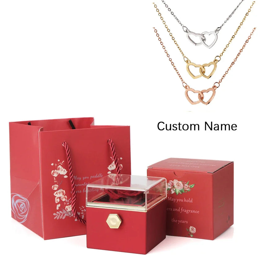 Regalo de San Valentín 2024 Personalizado para Mujer Collar de Acero con Doble Corazón Grabado con Nombre Caja de Rosa Eterna Anillo de Boda