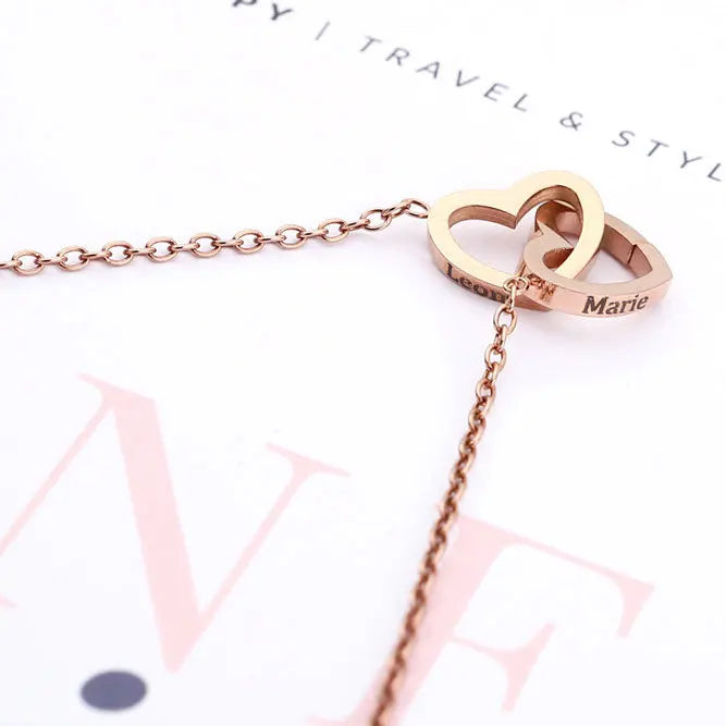 Regalo de San Valentín 2024 Personalizado para Mujer Collar de Acero con Doble Corazón Grabado con Nombre Caja de Rosa Eterna Anillo de Boda