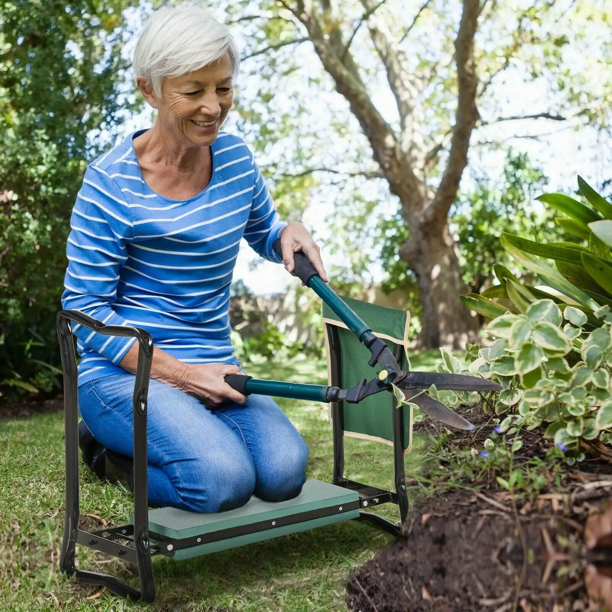 Asiento reclinatorio de jardín de alta resistencia, almohadilla de EVA suave engrosada, bolsa de taburete de jardín plegable, marco de acero, banco de jardinería