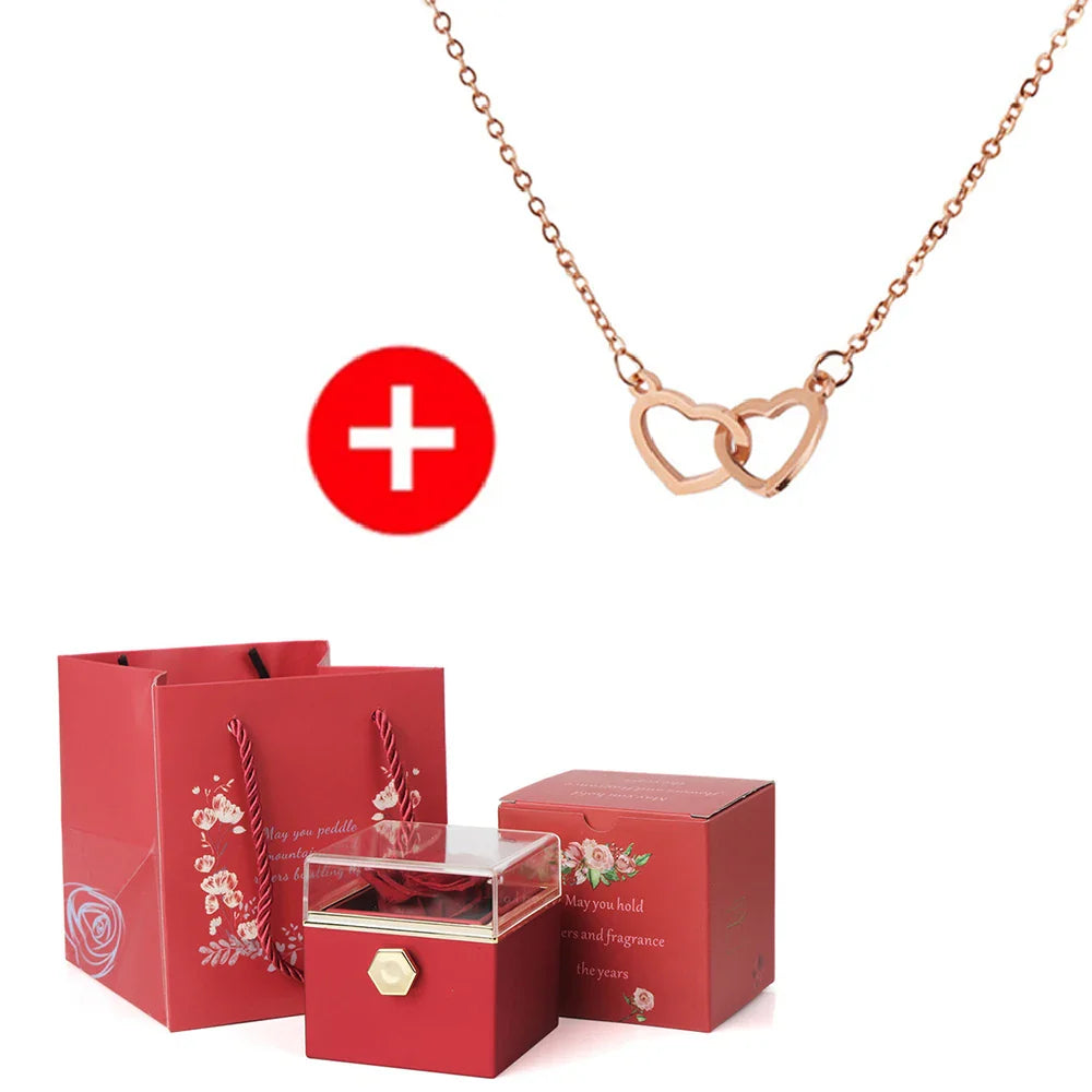 Regalo de San Valentín 2024 Personalizado para Mujer Collar de Acero con Doble Corazón Grabado con Nombre Caja de Rosa Eterna Anillo de Boda