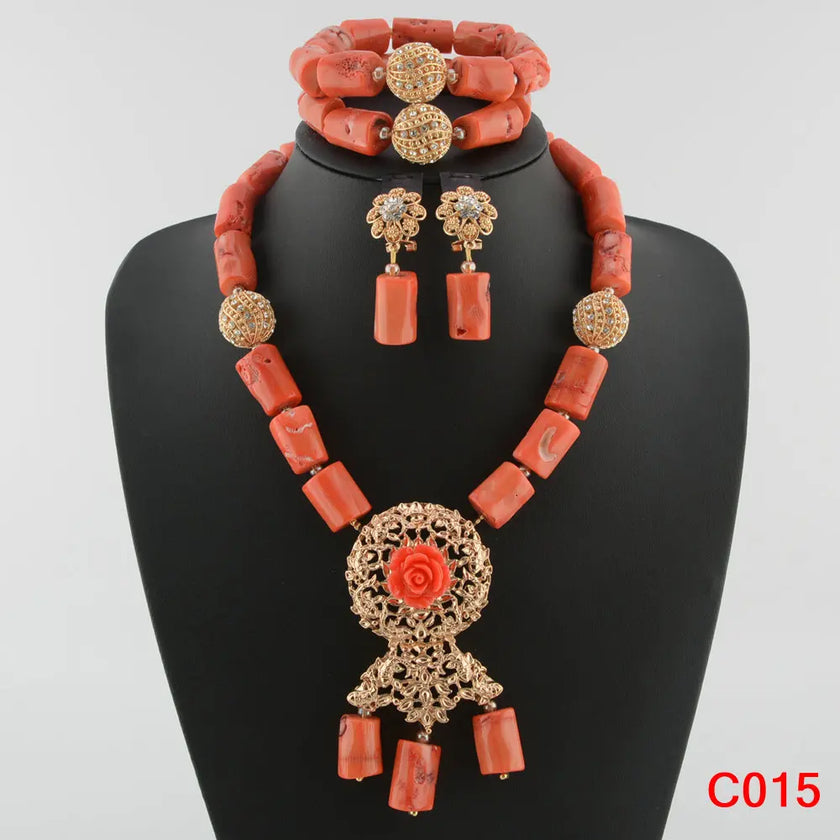 Nigerian Coral Jewellery Set | Necklace, Earrings & Bracelet | African Beads | Wedding
