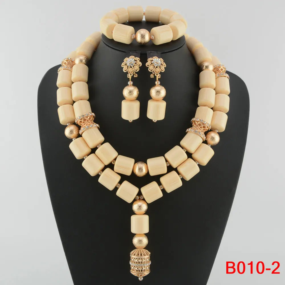 Nigerian Bridal Coral Jewellery Set | Crystal Pillar Beads | Necklace, Earrings & Bracelet