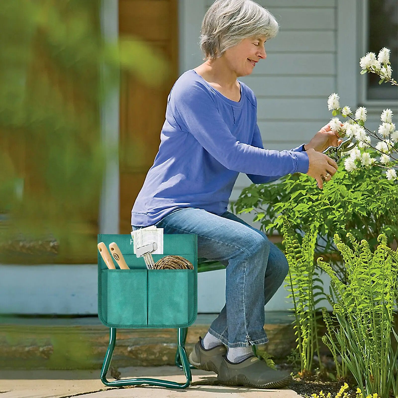 Asiento reclinatorio de jardín de alta resistencia, almohadilla de EVA suave engrosada, bolsa de taburete de jardín plegable, marco de acero, banco de jardinería
