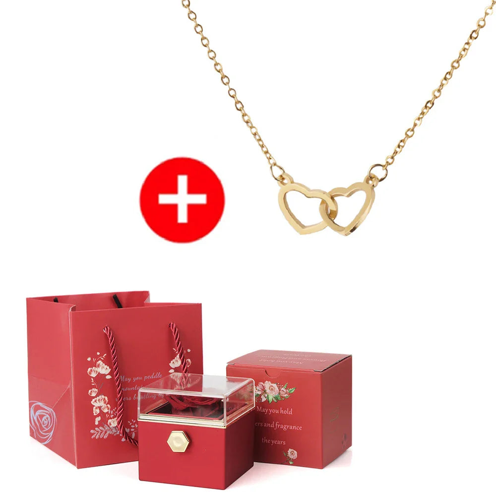 Regalo de San Valentín 2024 Personalizado para Mujer Collar de Acero con Doble Corazón Grabado con Nombre Caja de Rosa Eterna Anillo de Boda