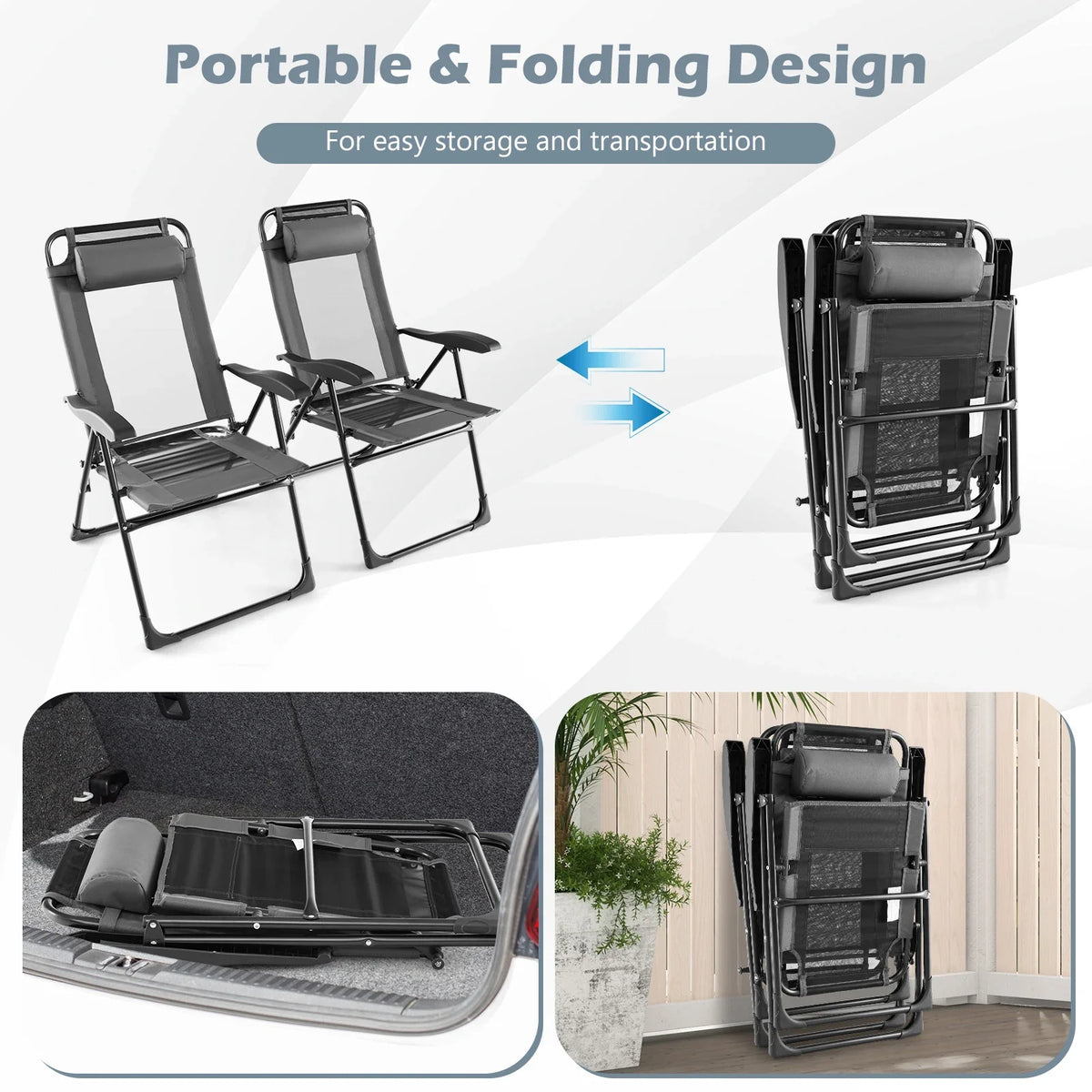 GOFLAME Patio Folding Chairs Set of 2, Outdoor Reclining Chairs w/ Wide Armrests & 7-Level Backrest