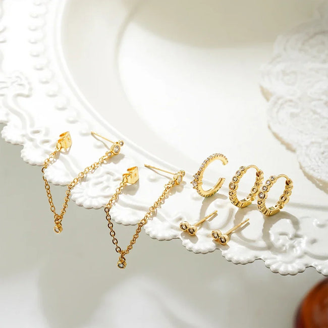 18K Gold Plated 4-Piece Earring Set with Zircon Accents