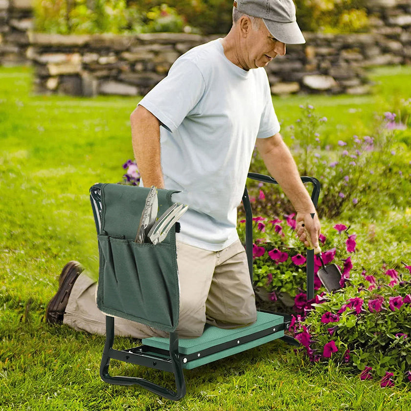 Asiento reclinatorio de jardín de alta resistencia, almohadilla de EVA suave engrosada, bolsa de taburete de jardín plegable, marco de acero, banco de jardinería