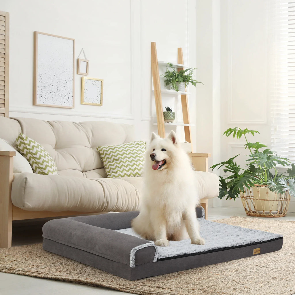 BigngoPaw Heavy Duty Dog Bed for Large Medium Super Soft L-shape Pet Calming Bed Chaise Sofa Kennel Mat w/ Removable Plush Cover