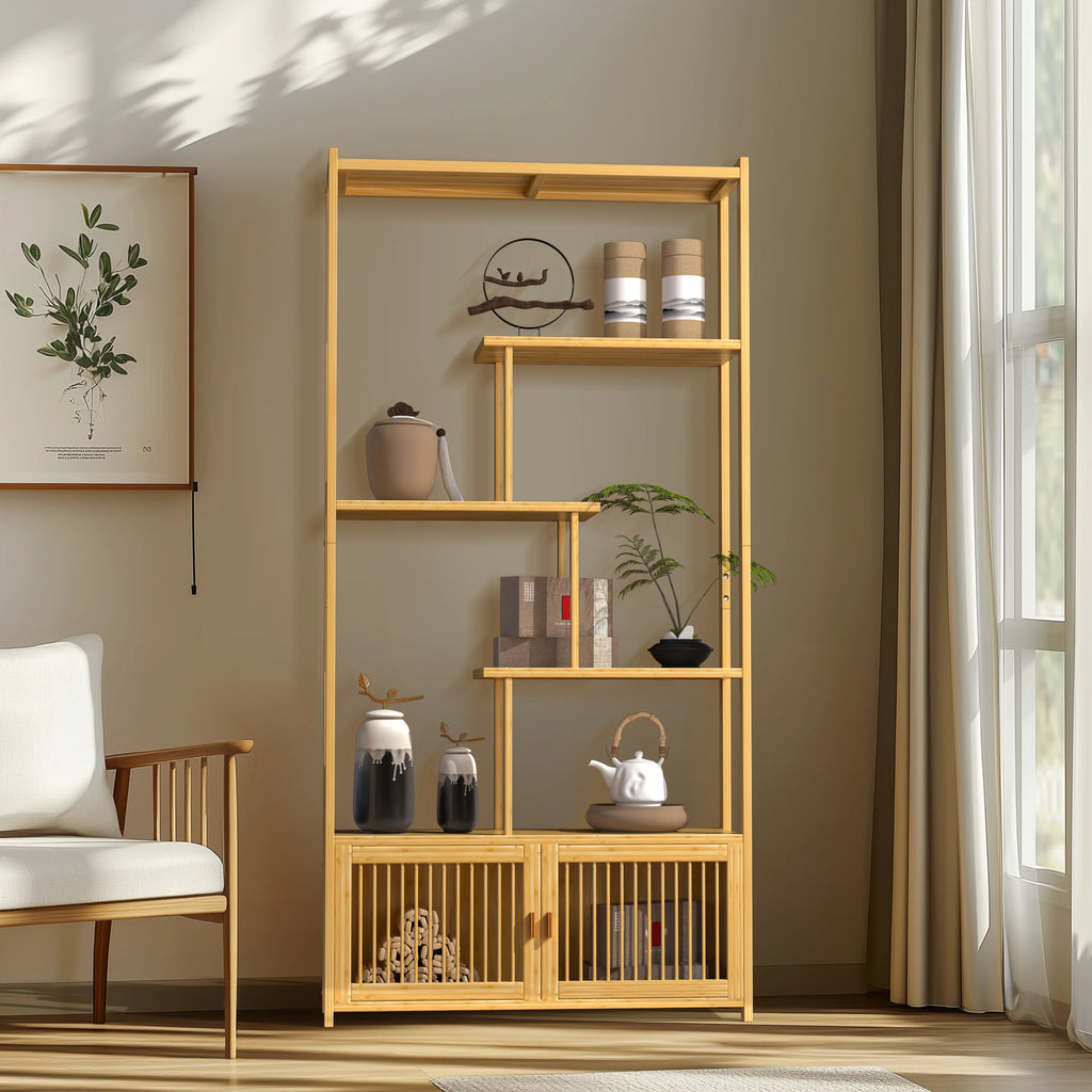 Bamboo Storage Rack Shelving Unit with High and Low Shelves Bookshelf Plant Stand for Home Organization Shelf