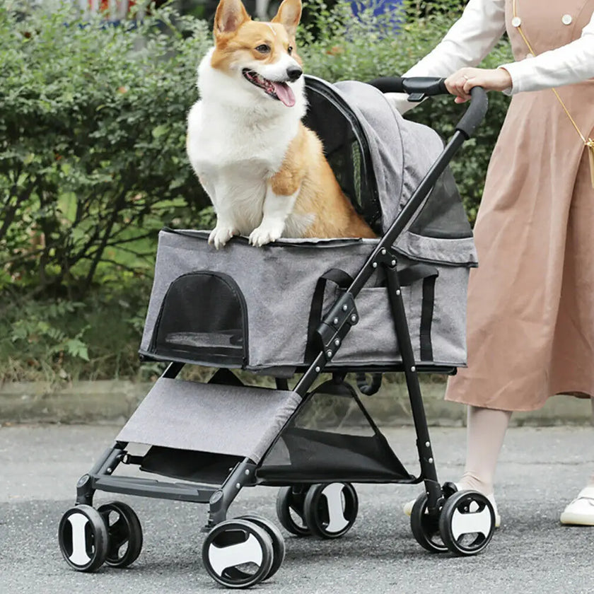 Large 4 Wheel Dog Carrier Trailer, Pram with Mesh Windows, Outdoor Portable Puppy Travel Walk Carrier, Load 30kg