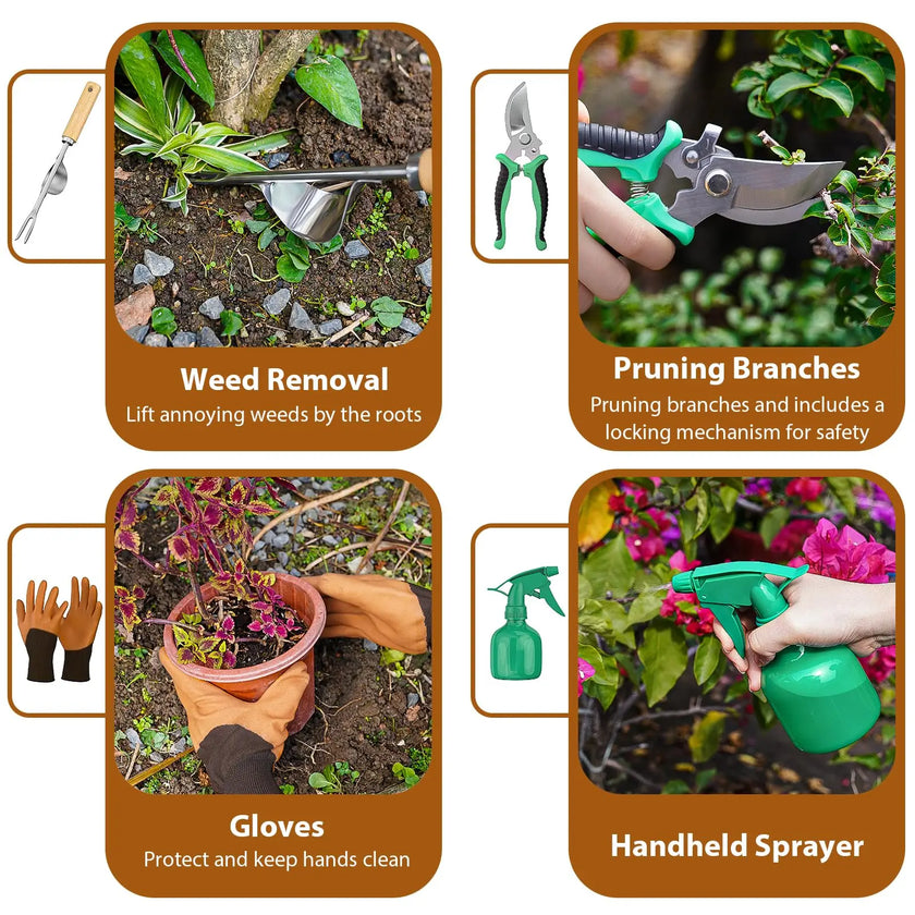 9 Piece Garden Weeding Tools Stainless Steel Gardening Tool Set with Wooden Handle, Weeder