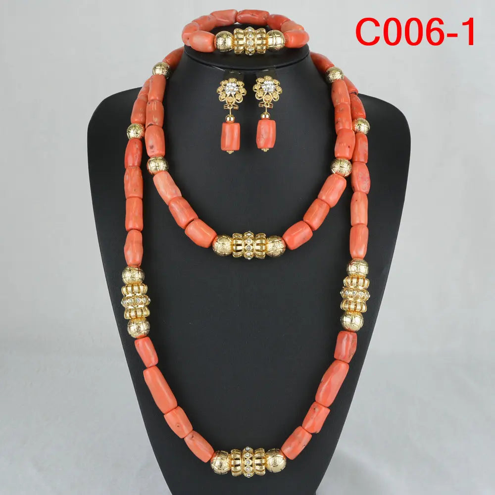 Nigerian Coral Jewellery Set | Necklace, Earrings & Bracelet | African Beads | Wedding