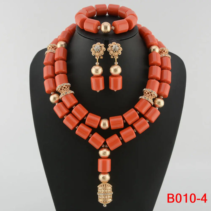 Nigerian Bridal Coral Jewellery Set | Crystal Pillar Beads | Necklace, Earrings & Bracelet