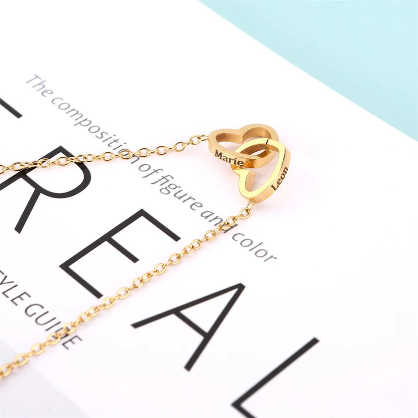 Regalo de San Valentín 2024 Personalizado para Mujer Collar de Acero con Doble Corazón Grabado con Nombre Caja de Rosa Eterna Anillo de Boda