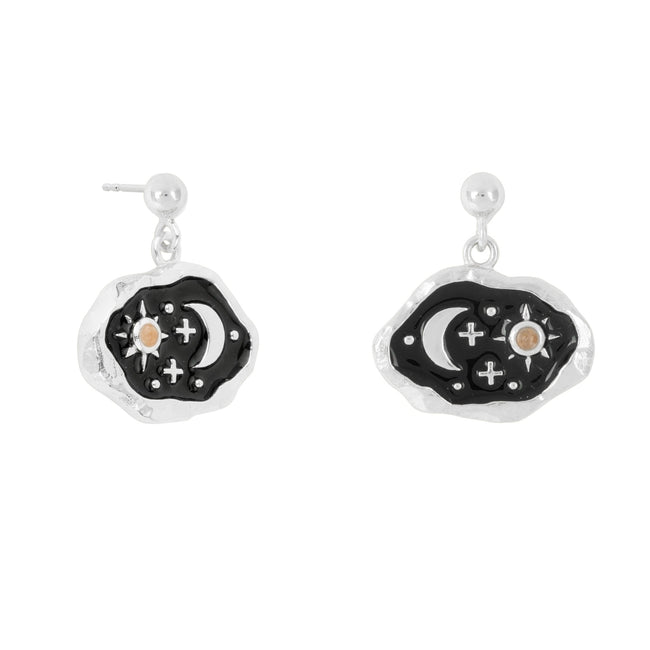 Midnight Scene Rose Quartz and Black Enamel Stud Silver