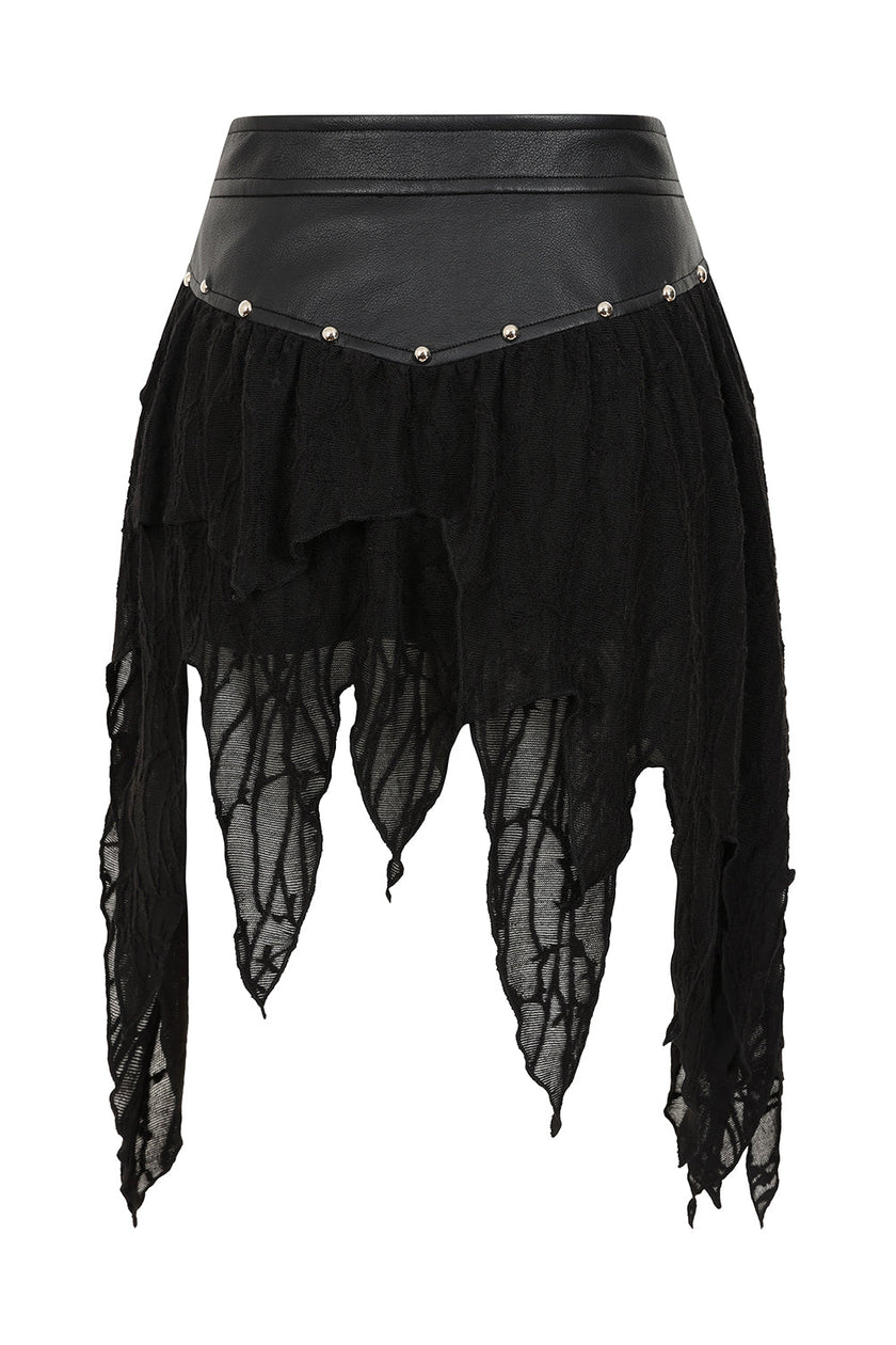 Banned Apparel Luxor Faux Leather & Jagged Knit Skirt in Black