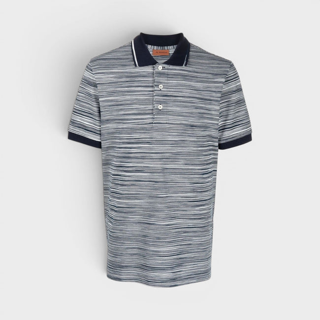 Striped Contrast Collar Polo Shirt Space Dyed Navy White