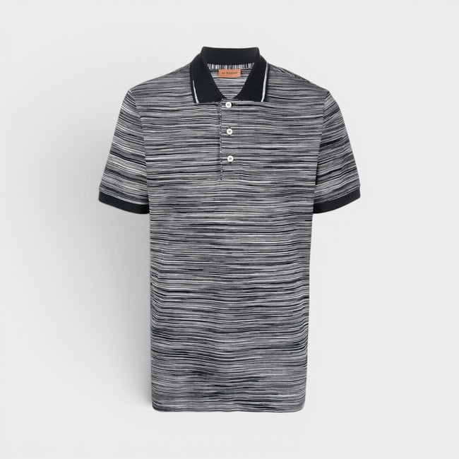 Striped Contrast Collar Polo Shirt Space Dyed Black White