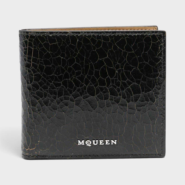 Portefeuille pliable à logo en cuir craquelé noir
