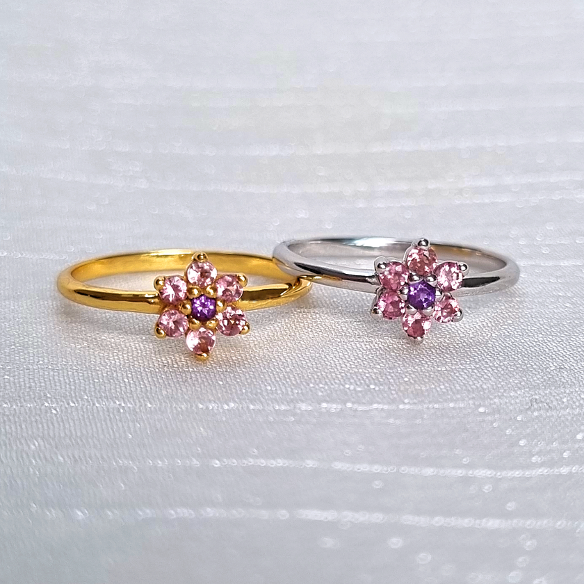 Ring mit rosa Turmalin und Amethystblüte aus Sterlingsilber
