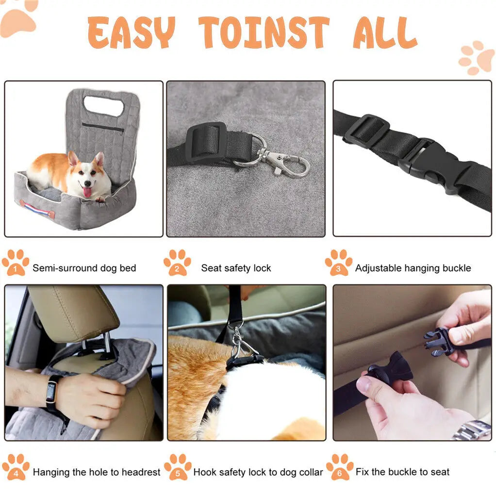 Dog Car Seat Protector Travel Anti-Slip Pet Booster Seat with Storage Pockets and Safety Leash Car Carrier Bed Hold 14kg