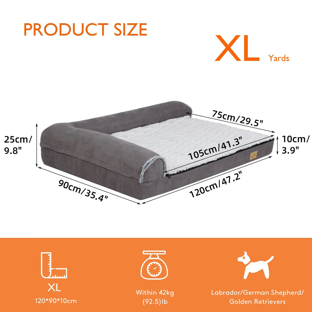 BigngoPaw Heavy Duty Dog Bed for Large Medium Super Soft L-shape Pet Calming Bed Chaise Sofa Kennel Mat w/ Removable Plush Cover