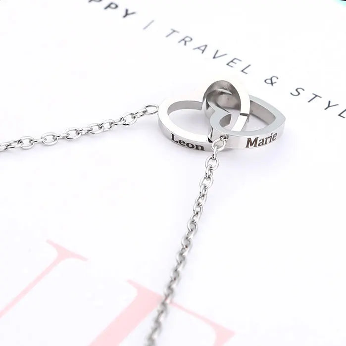 Regalo de San Valentín 2024 Personalizado para Mujer Collar de Acero con Doble Corazón Grabado con Nombre Caja de Rosa Eterna Anillo de Boda