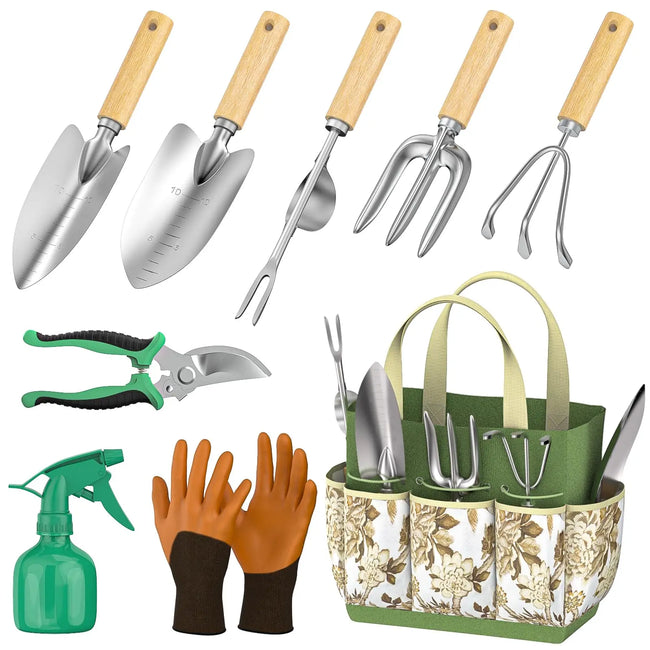 9-teiliges Garten-Jätwerkzeug-Set aus Edelstahl mit Holzgriff, Jäter
