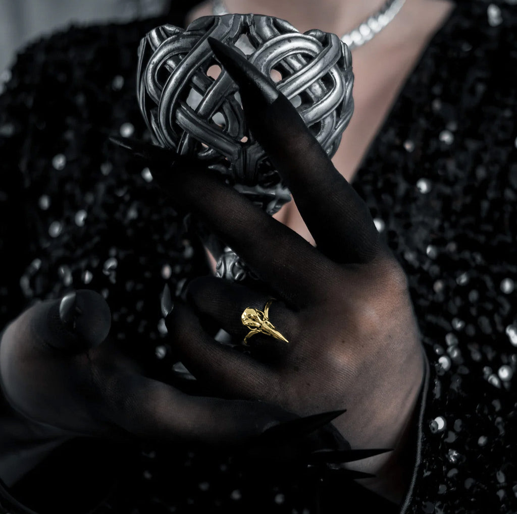 Gold Raven Bird Skull Ring