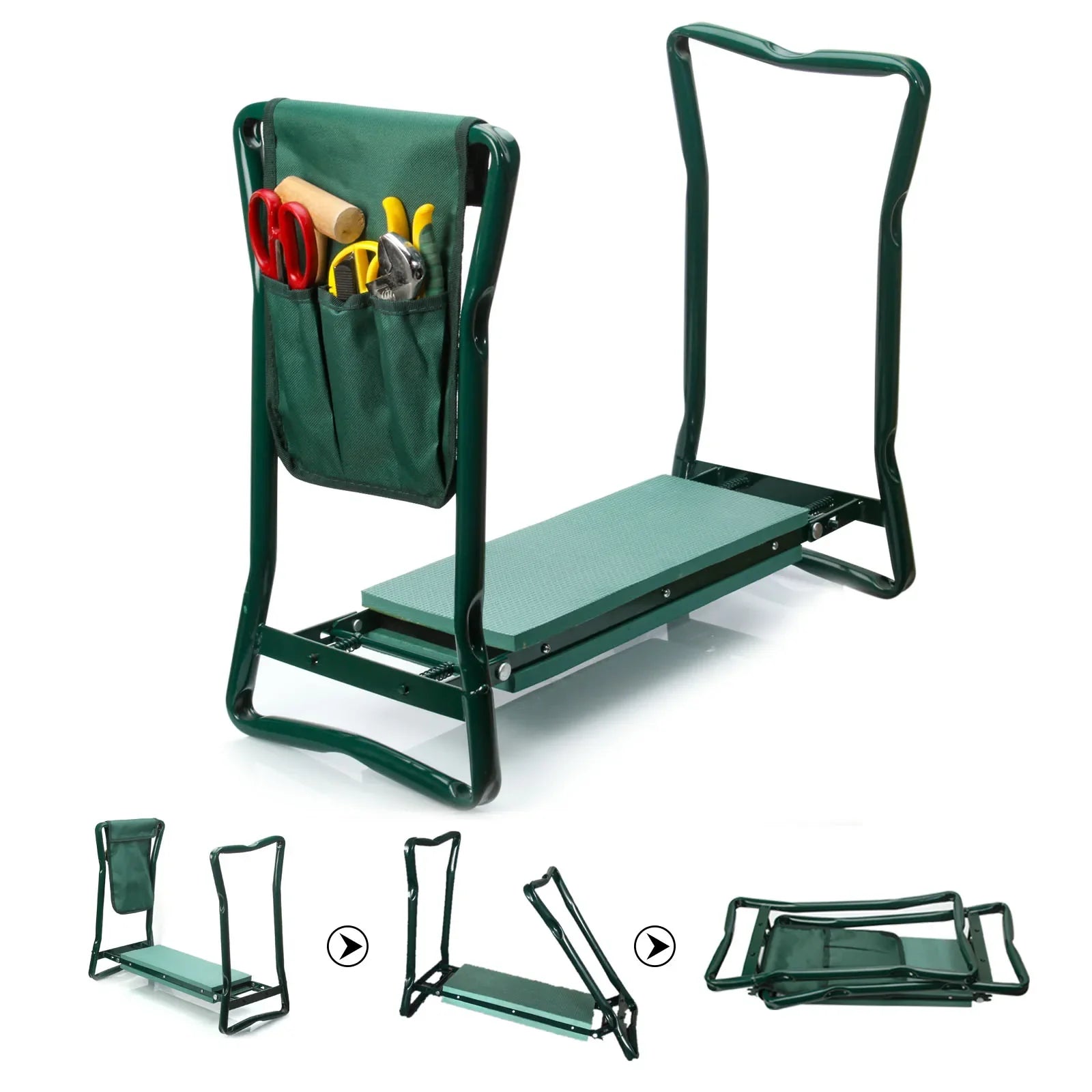 Asiento reclinatorio de jardín de alta resistencia, almohadilla de EVA suave engrosada, bolsa de taburete de jardín plegable, marco de acero, banco de jardinería