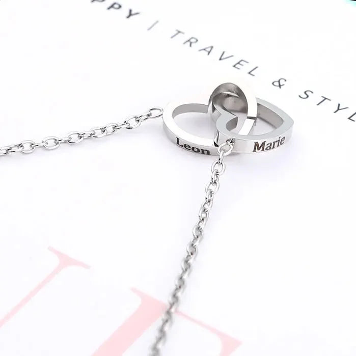 Regalo de San Valentín 2024 Personalizado para Mujer Collar de Acero con Doble Corazón Grabado con Nombre Caja de Rosa Eterna Anillo de Boda