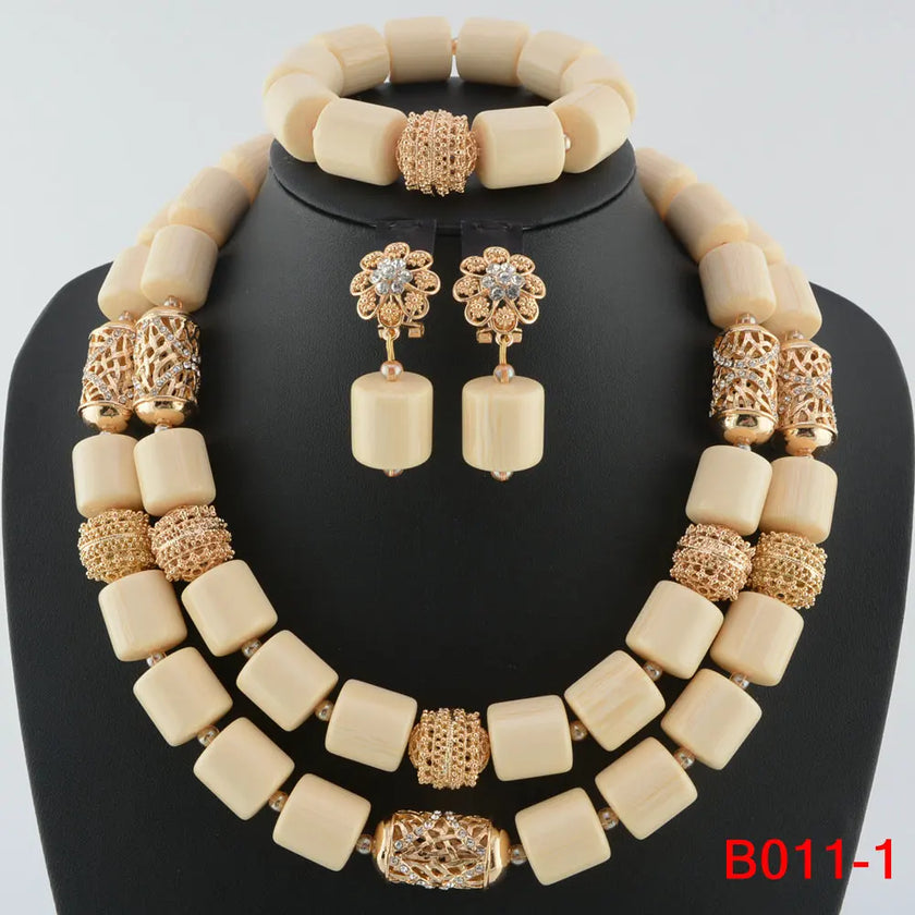 Nigerian Bridal Coral Jewellery Set | Crystal Pillar Beads | Necklace, Earrings & Bracelet