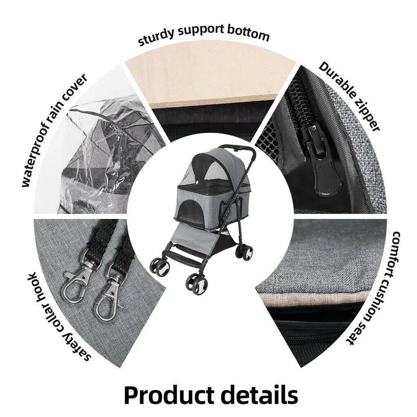 Large 4 Wheel Dog Carrier Trailer, Pram with Mesh Windows, Outdoor Portable Puppy Travel Walk Carrier, Load 30kg