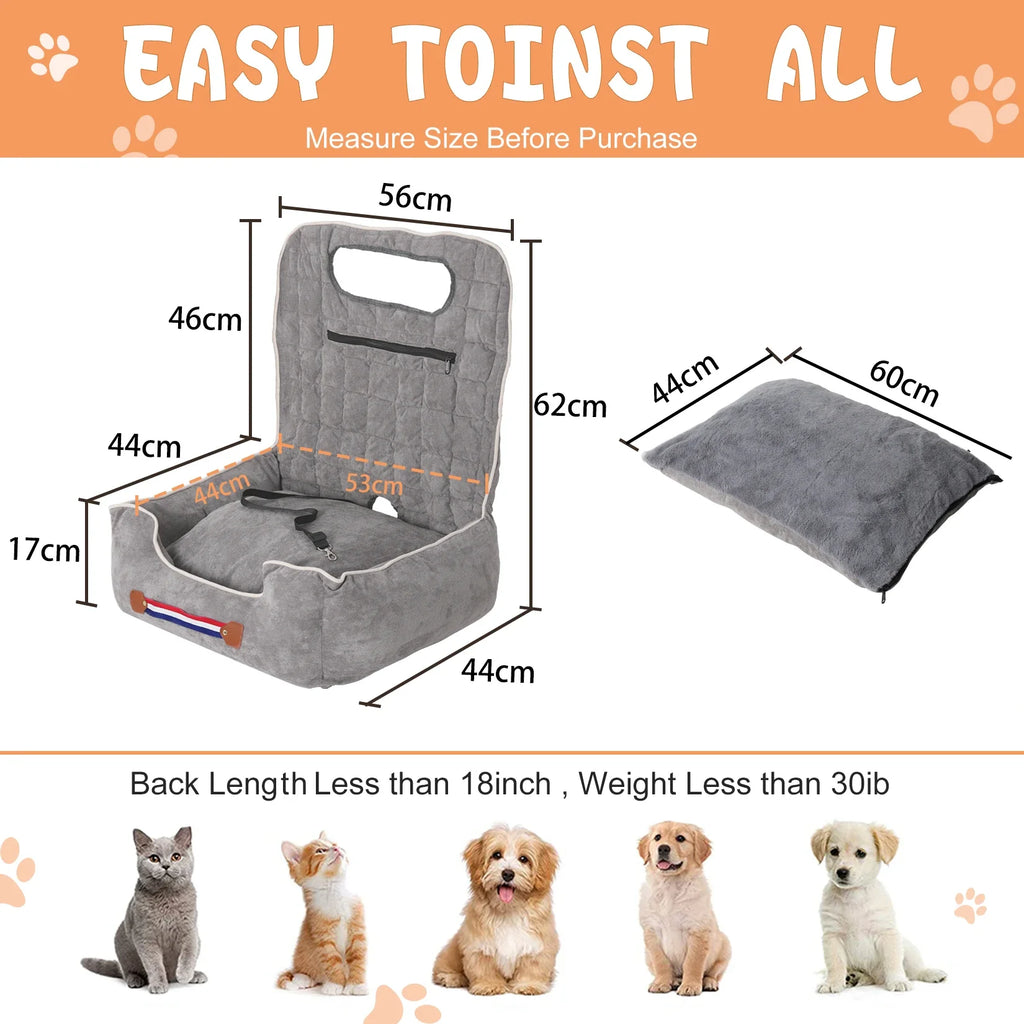 Dog Car Seat Protector Travel Anti-Slip Pet Booster Seat with Storage Pockets and Safety Leash Car Carrier Bed Hold 14kg