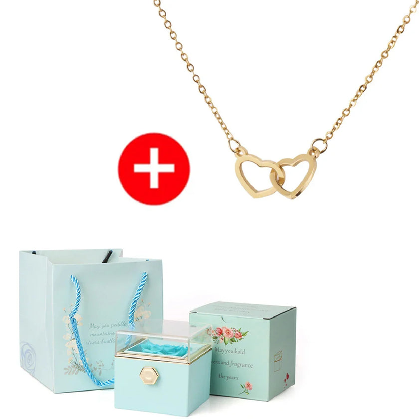 Regalo de San Valentín 2024 Personalizado para Mujer Collar de Acero con Doble Corazón Grabado con Nombre Caja de Rosa Eterna Anillo de Boda