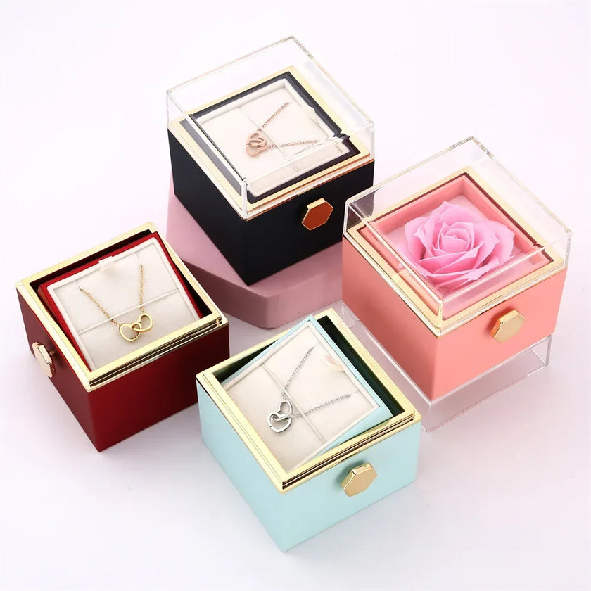 Regalo de San Valentín 2024 Personalizado para Mujer Collar de Acero con Doble Corazón Grabado con Nombre Caja de Rosa Eterna Anillo de Boda