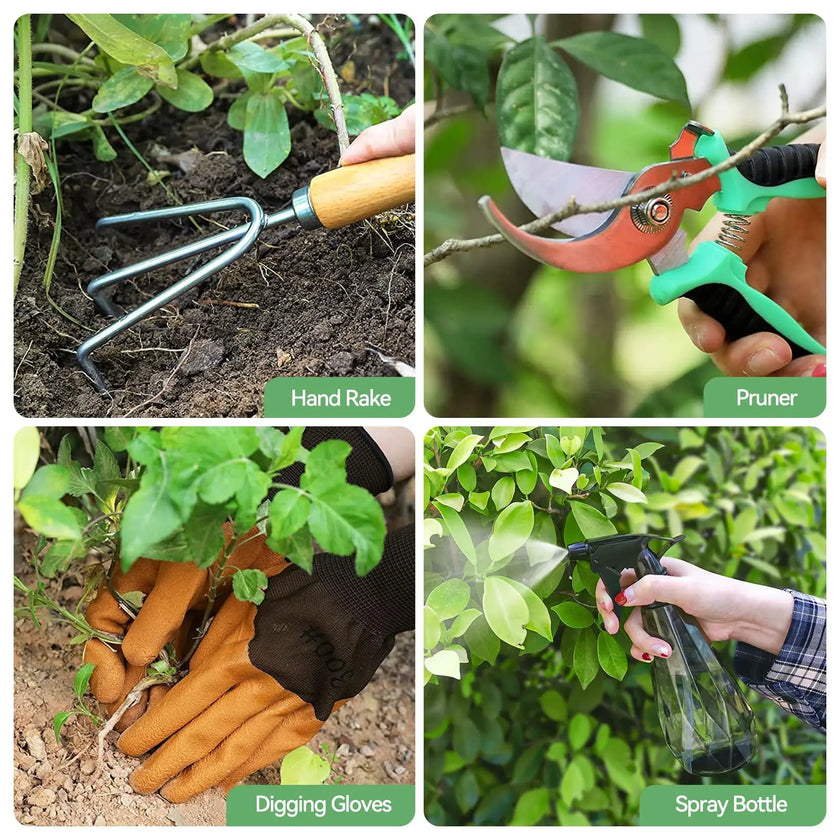 9 Piece Garden Weeding Tools Stainless Steel Gardening Tool Set with Wooden Handle, Weeder