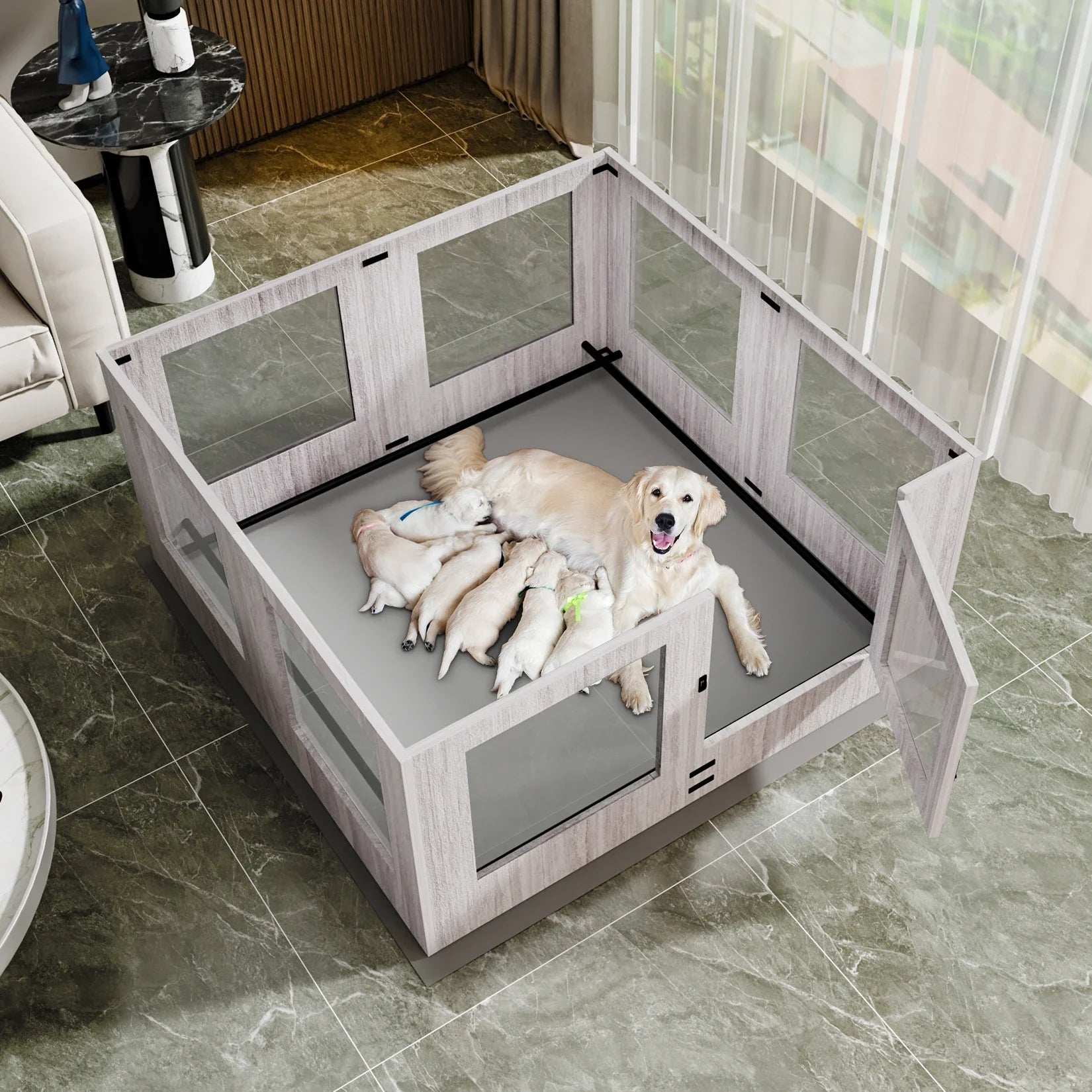 Tempered Glass Dog Puppies Playpen, Indoor Pet Whelping Pen Box Cage, Exercise Fence, with Waterproof Fertility Pad, 8 Panels