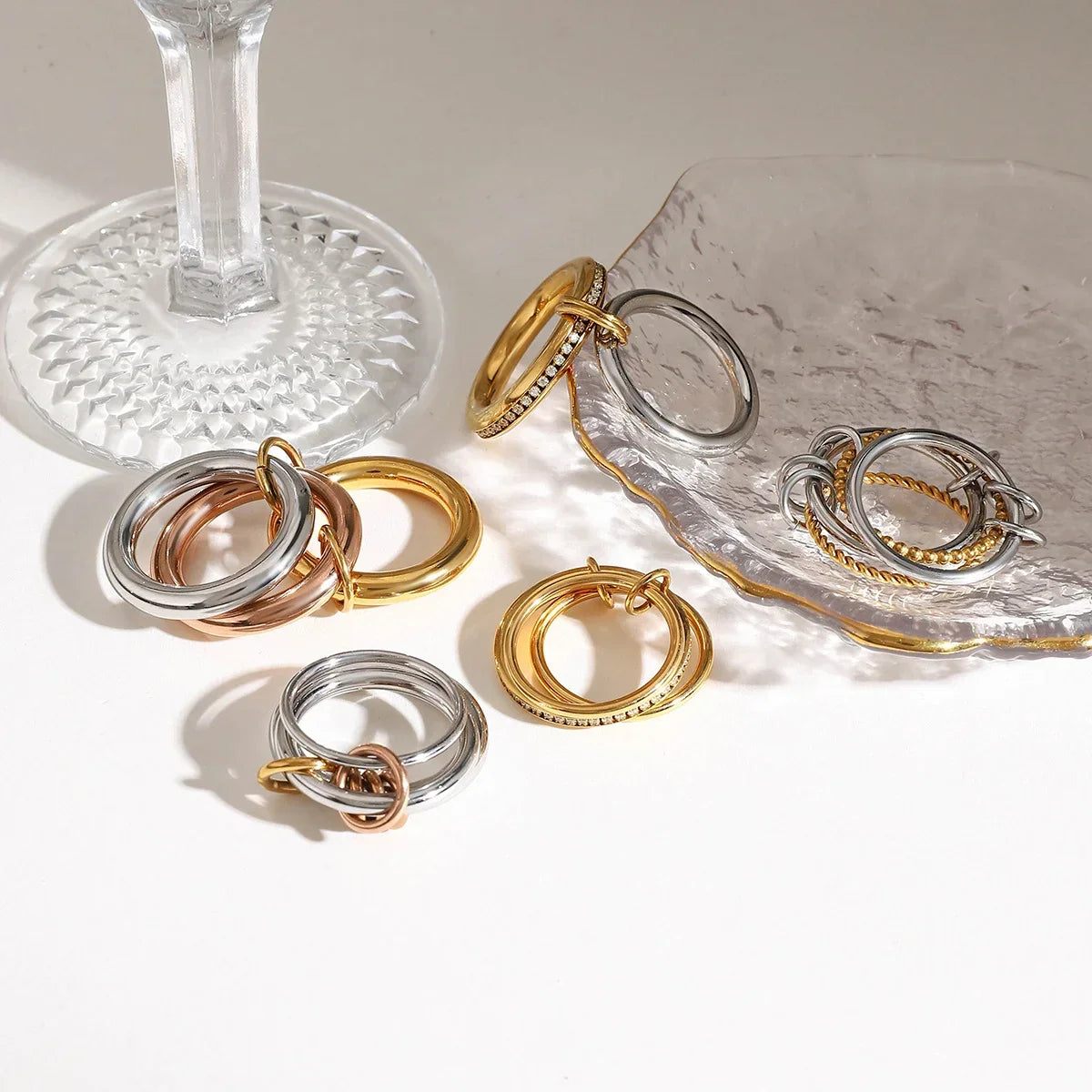 Gold Multi-Band Hoop & Zircon Stacked Ring