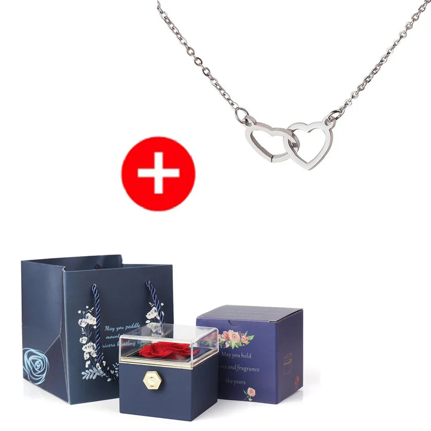 Regalo de San Valentín 2024 Personalizado para Mujer Collar de Acero con Doble Corazón Grabado con Nombre Caja de Rosa Eterna Anillo de Boda