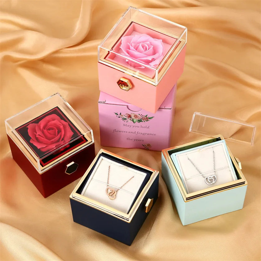 Regalo de San Valentín 2024 Personalizado para Mujer Collar de Acero con Doble Corazón Grabado con Nombre Caja de Rosa Eterna Anillo de Boda