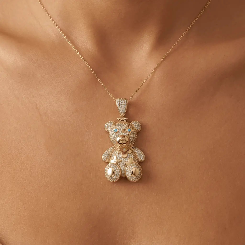 14K Better Gold Teddy Pendant with Sparkling Stones - Luxury Charm in a Playful Design
