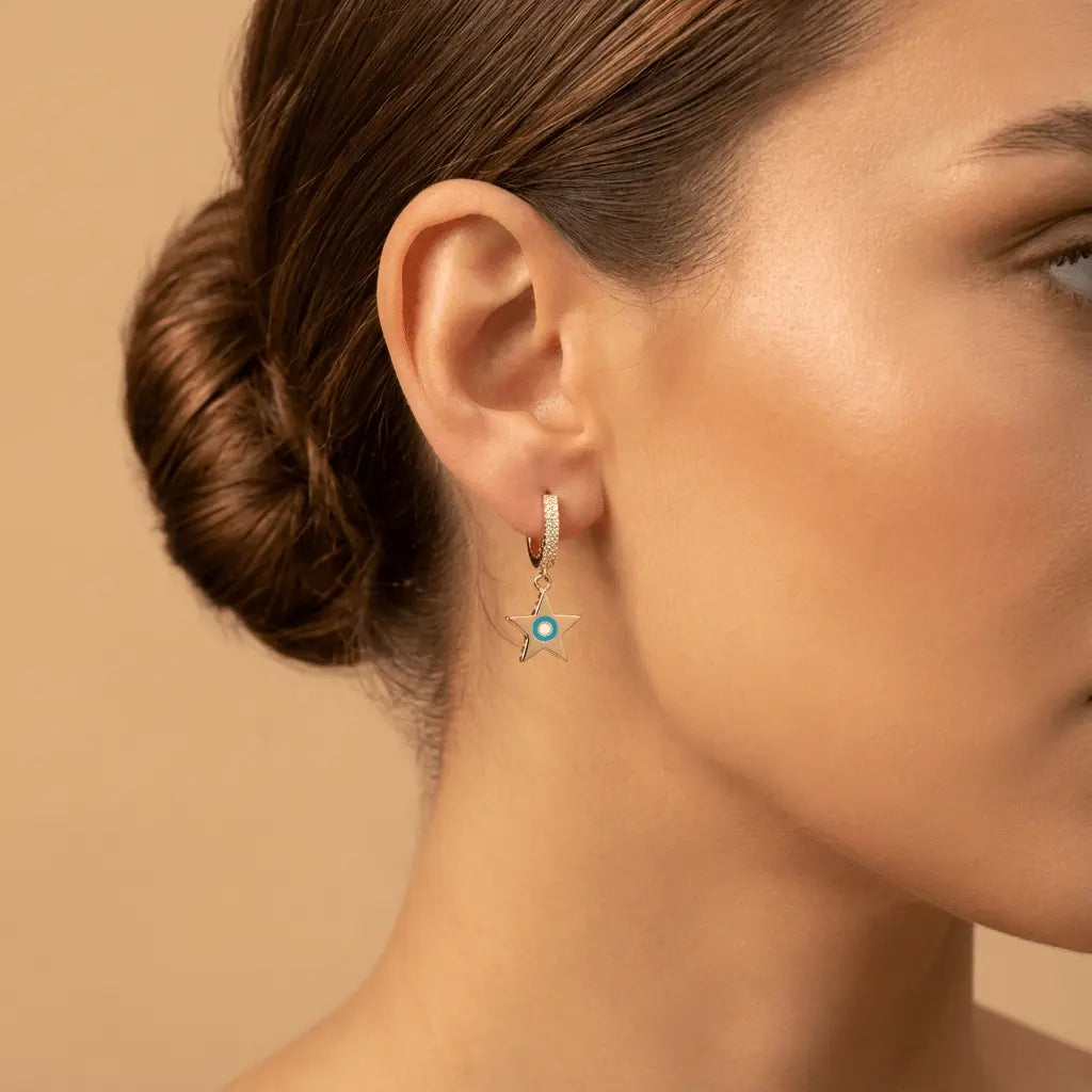 14K Gold Star Charm Hoop Earrings with Turquoise Detail